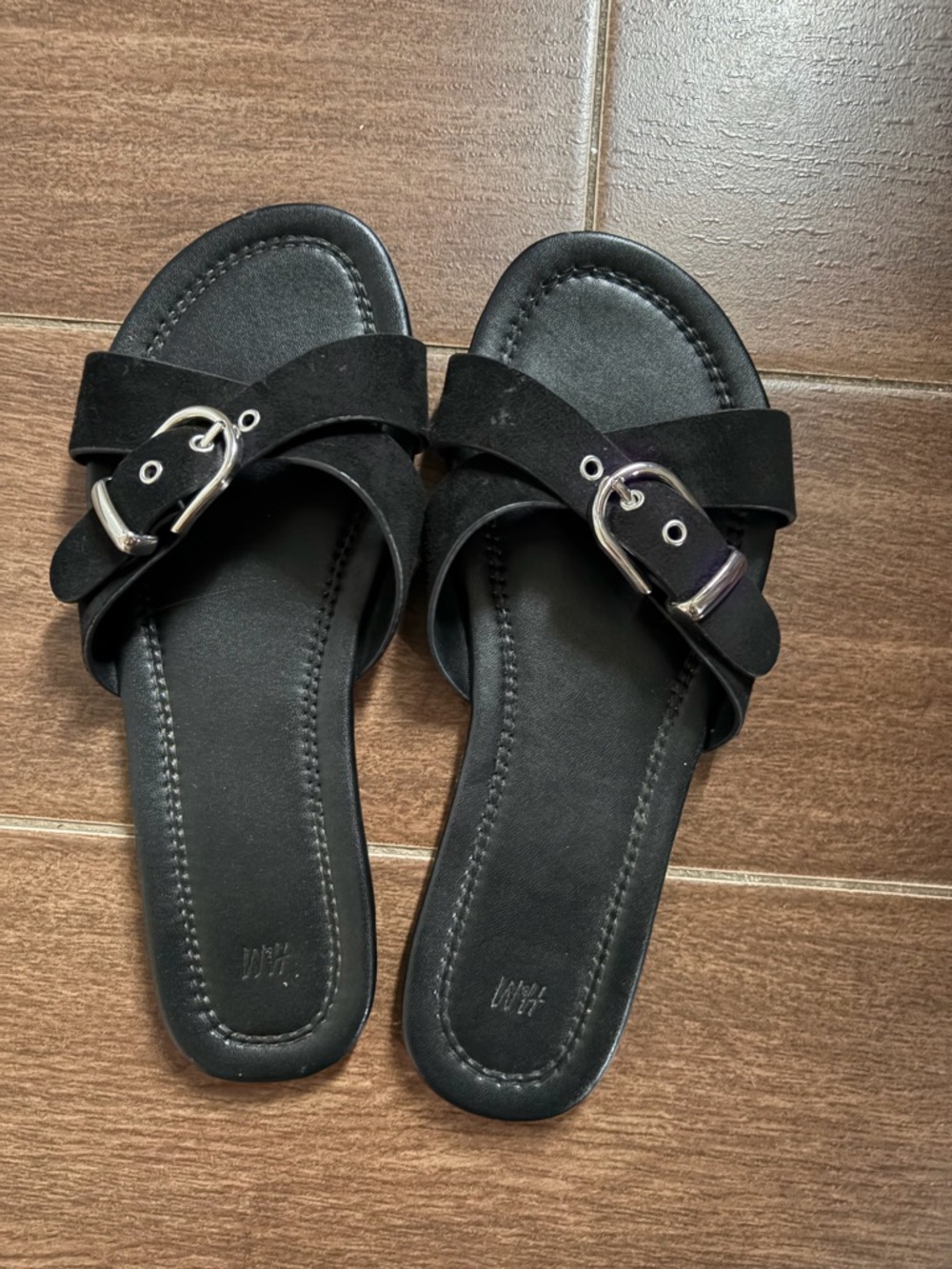 H&M Black Slide Sandals with Silver Buckle Detail